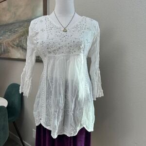 Boho‎ White Peasant Top Embroidered Lace Beaded Festival Fairycore - Size S/M